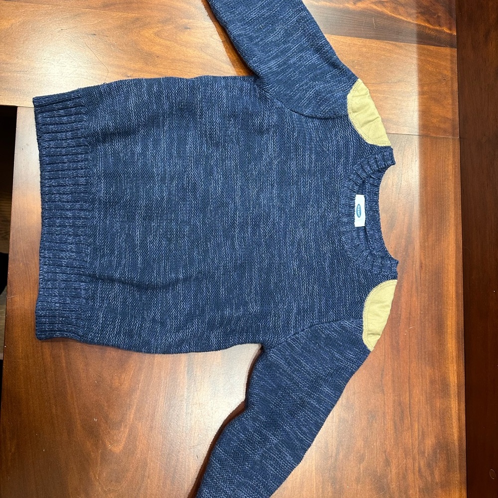 Blue Sweater with Tan Elbow Patches